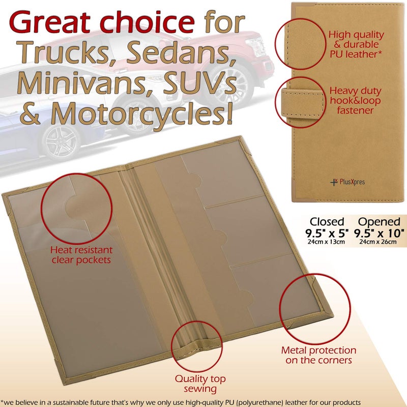 PlusXpres Auto Insurance and Registration Card Holder - Vehicle Glove Box Document Organizer - Car Essential Paperwork Holder for DMV  AAA  Contact Information Cards - Premium PU Leather Wallet Case - Beige - Image 5